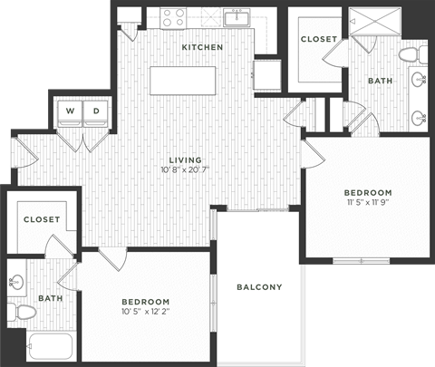 Floor plan for 2 beds, 2 baths, 1108 sqft